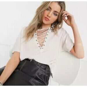 Free People Azalea Lace-Up T-Shirt Cream Small Preppy Oversized Lightweight Boho